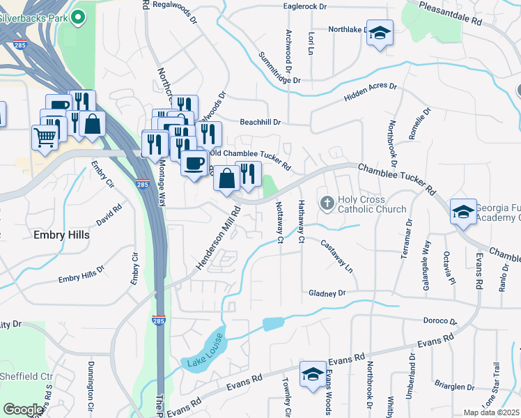 map of restaurants, bars, coffee shops, grocery stores, and more near 3162 Nottaway Court in Chamblee
