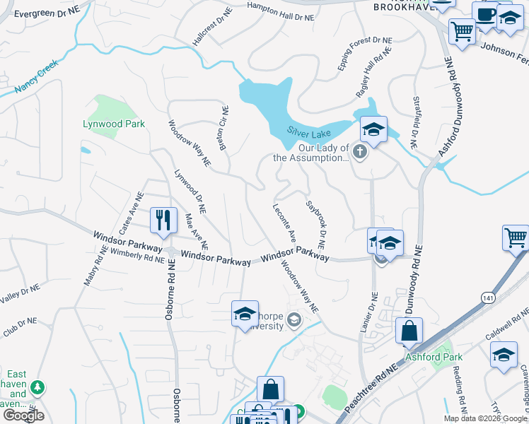 map of restaurants, bars, coffee shops, grocery stores, and more near 3181 Woodrow Way Northeast in Atlanta