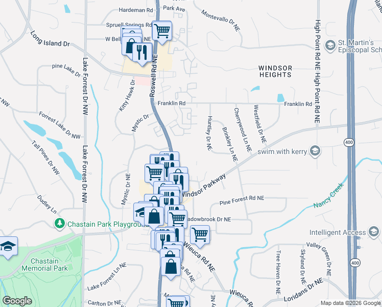 map of restaurants, bars, coffee shops, grocery stores, and more near 4651 Roswell Road Northeast in Atlanta