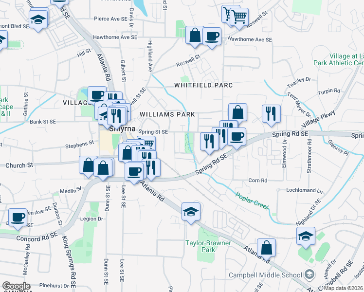 map of restaurants, bars, coffee shops, grocery stores, and more near 2857 Bernard Lane Southeast in Smyrna