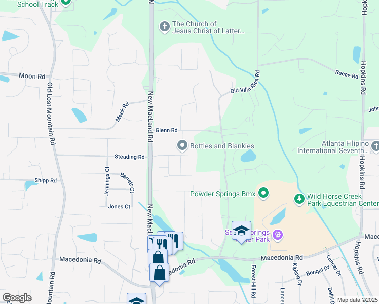 map of restaurants, bars, coffee shops, grocery stores, and more near 4093 Groveland Park Drive in Powder Springs