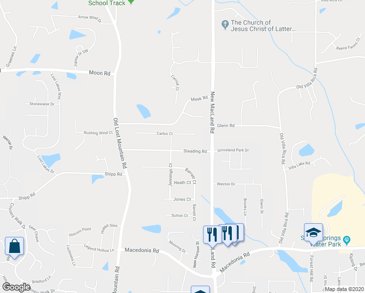 map of restaurants, bars, coffee shops, grocery stores, and more near 4232 Steading Road in Powder Springs