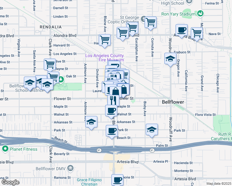 map of restaurants, bars, coffee shops, grocery stores, and more near 9832 Flower Street in Bellflower