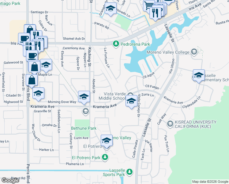 map of restaurants, bars, coffee shops, grocery stores, and more near 16386 Avenida De Loring in Moreno Valley