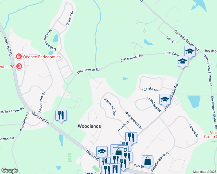 map of restaurants, bars, coffee shops, grocery stores, and more near 1021 Bouldercrest Court in Watkinsville