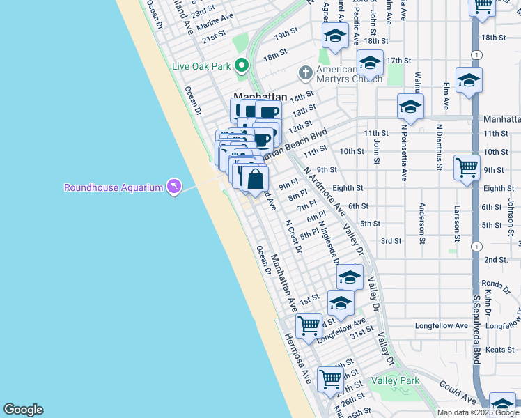 map of restaurants, bars, coffee shops, grocery stores, and more near 129 Eighth Street in Manhattan Beach
