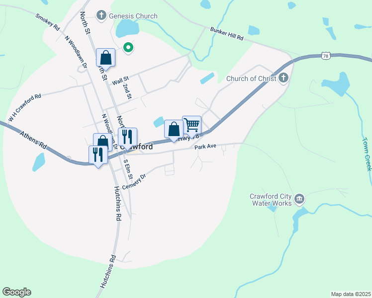 map of restaurants, bars, coffee shops, grocery stores, and more near 416 Park Avenue in Crawford