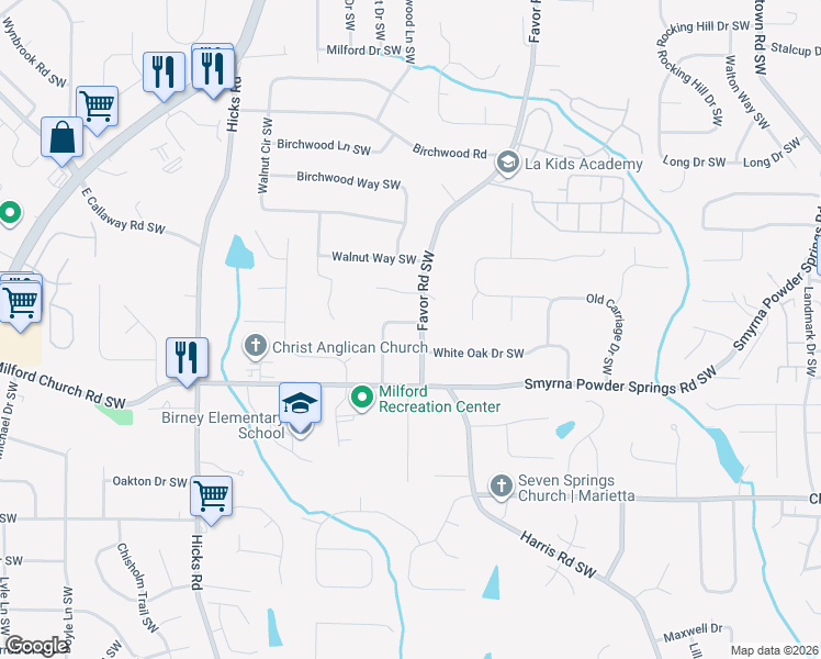 map of restaurants, bars, coffee shops, grocery stores, and more near 2910 Favor Road Southwest in Marietta