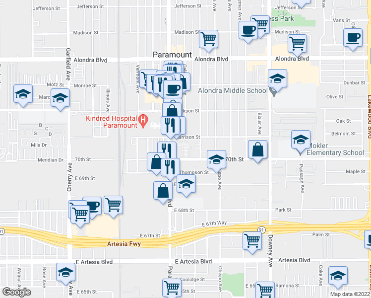 map of restaurants, bars, coffee shops, grocery stores, and more near 8063 70th Street in Paramount