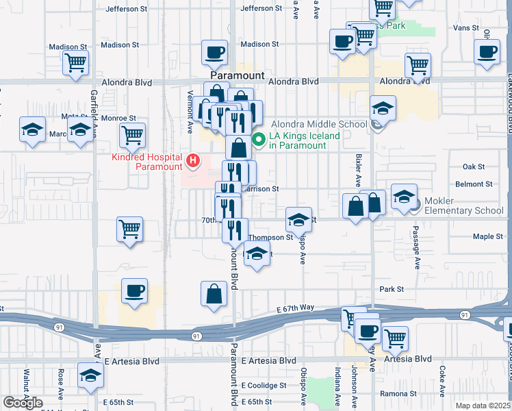 map of restaurants, bars, coffee shops, grocery stores, and more near 8025 70th Street in Paramount