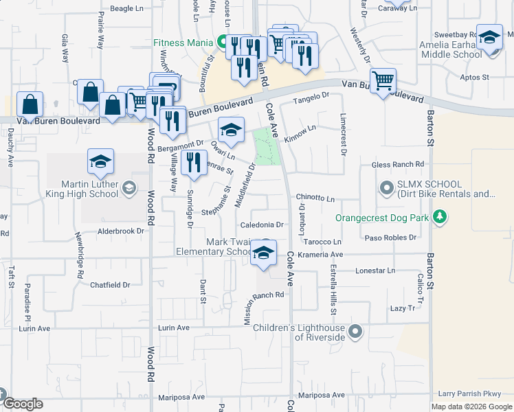 map of restaurants, bars, coffee shops, grocery stores, and more near 19382 Caledonia Drive in Riverside