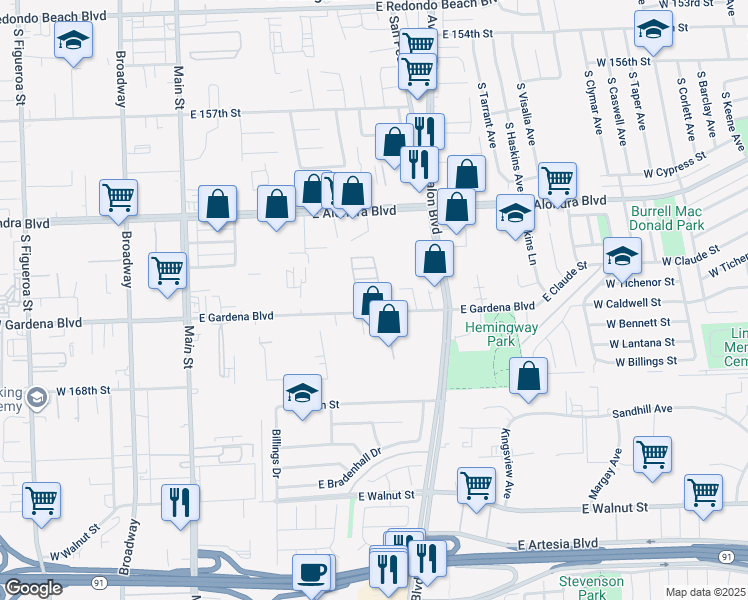 map of restaurants, bars, coffee shops, grocery stores, and more near 435 East Gardena Boulevard in Gardena