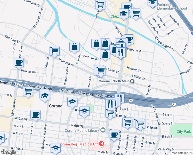 map of restaurants, bars, coffee shops, grocery stores, and more near 45 West Grand Boulevard in Corona