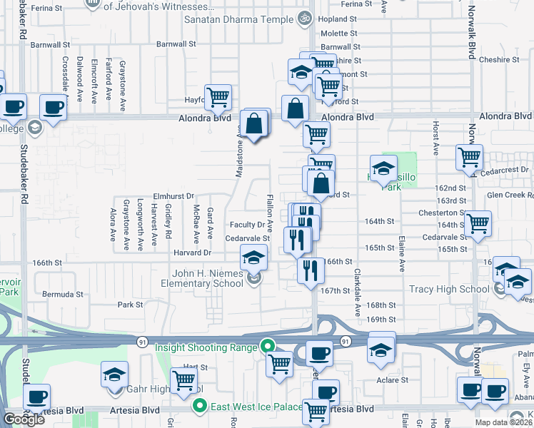 map of restaurants, bars, coffee shops, grocery stores, and more near 11676 Chesterton Street in Norwalk