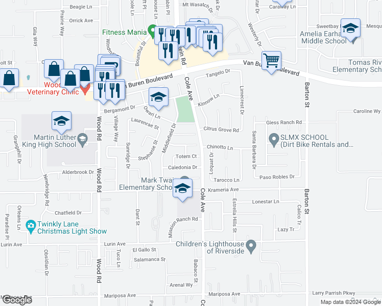 map of restaurants, bars, coffee shops, grocery stores, and more near 19422 Totem Court in Riverside