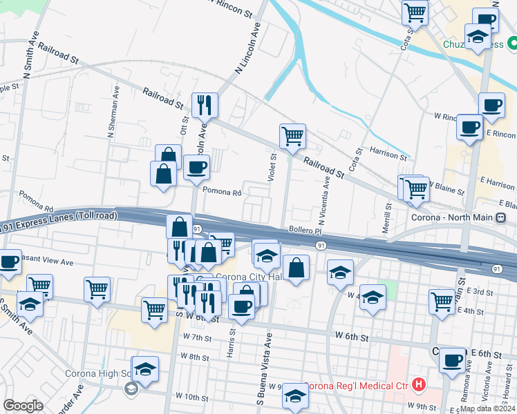 map of restaurants, bars, coffee shops, grocery stores, and more near 995 Pomona Road in Corona