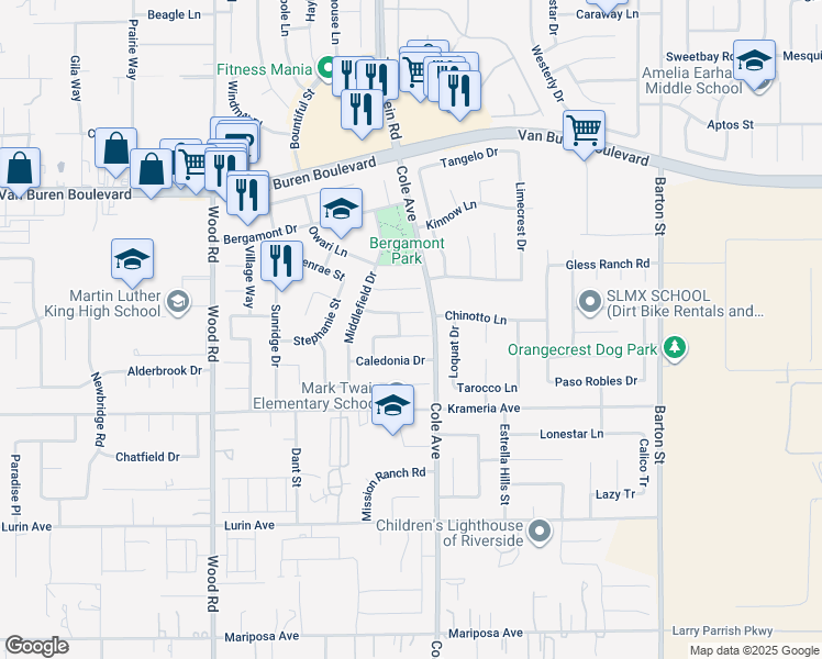 map of restaurants, bars, coffee shops, grocery stores, and more near 19422 Totem Court in Riverside