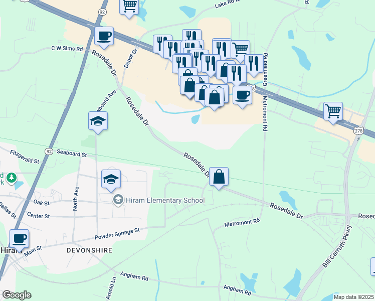 map of restaurants, bars, coffee shops, grocery stores, and more near 467 Rosedale Drive in Hiram