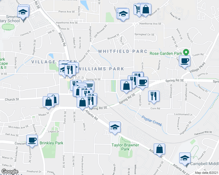 map of restaurants, bars, coffee shops, grocery stores, and more near 2857 Bernard Lane Southeast in Smyrna