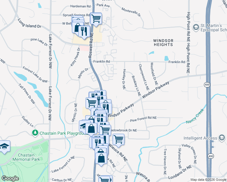 map of restaurants, bars, coffee shops, grocery stores, and more near 4689 Roswell Road in Sandy Springs