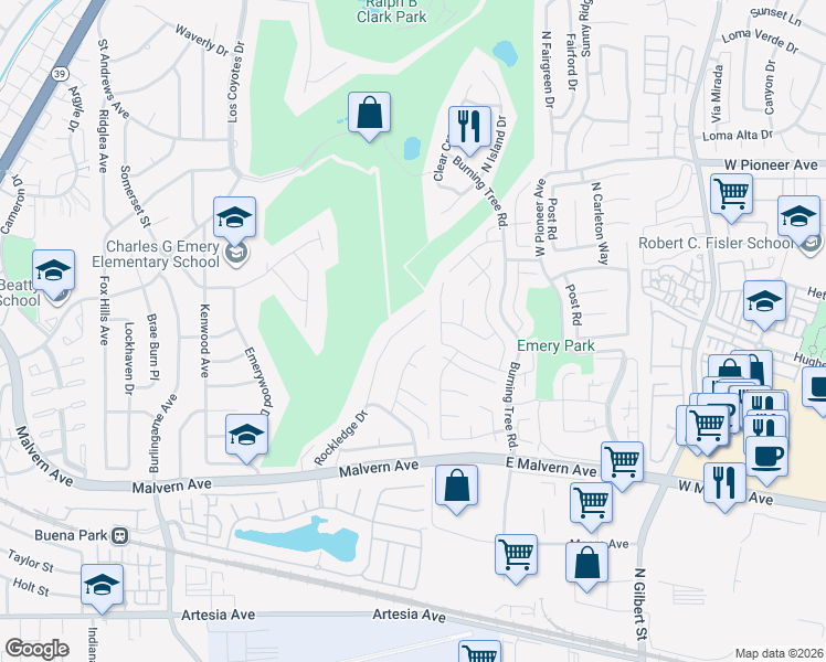 map of restaurants, bars, coffee shops, grocery stores, and more near 5303 Rockledge Drive in Buena Park