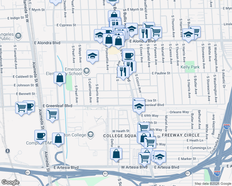 map of restaurants, bars, coffee shops, grocery stores, and more near 1409 South Temple Avenue in Compton