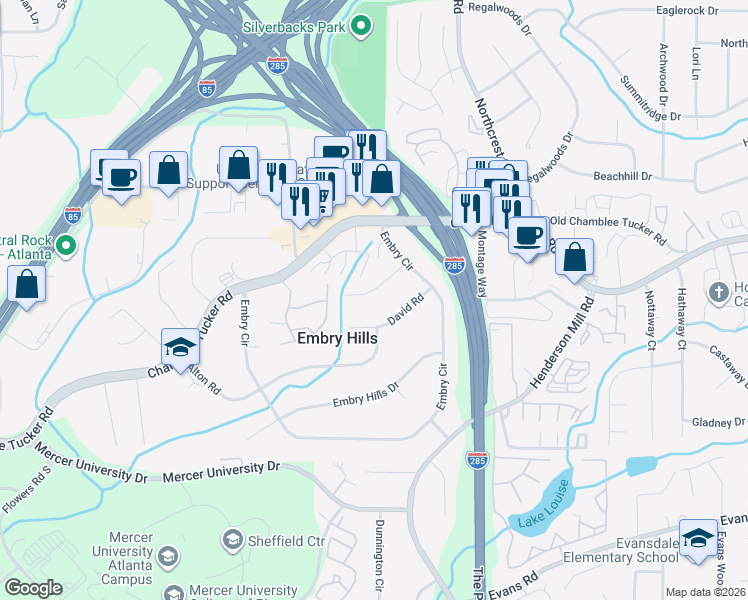map of restaurants, bars, coffee shops, grocery stores, and more near 3268 Chase Road in Chamblee