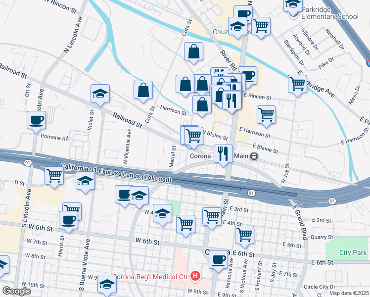 map of restaurants, bars, coffee shops, grocery stores, and more near 136 North Sheridan Street in Corona