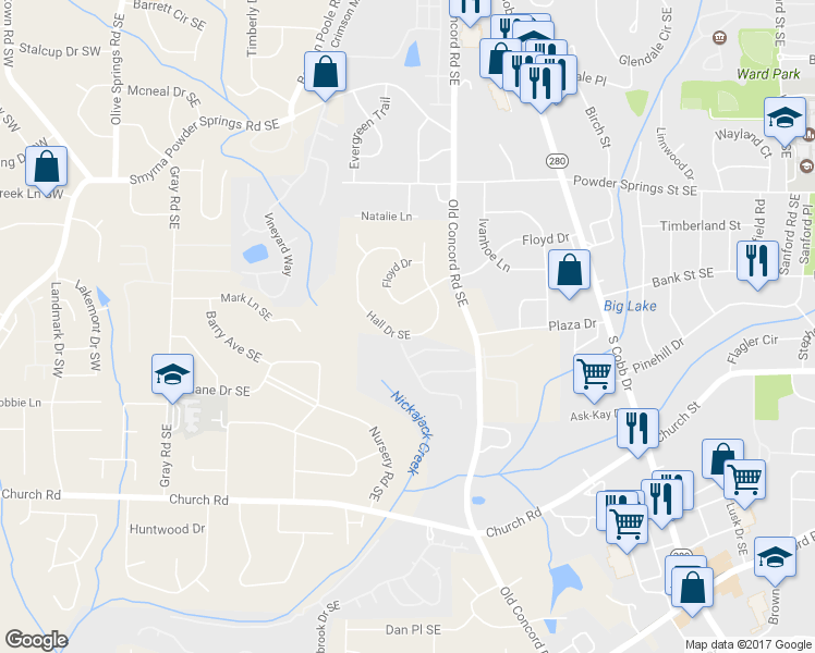 map of restaurants, bars, coffee shops, grocery stores, and more near 2908 Hall Drive Southeast in Smyrna