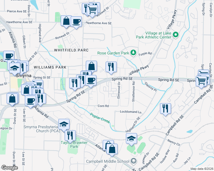 map of restaurants, bars, coffee shops, grocery stores, and more near 207 Spring Heights Lane in Smyrna