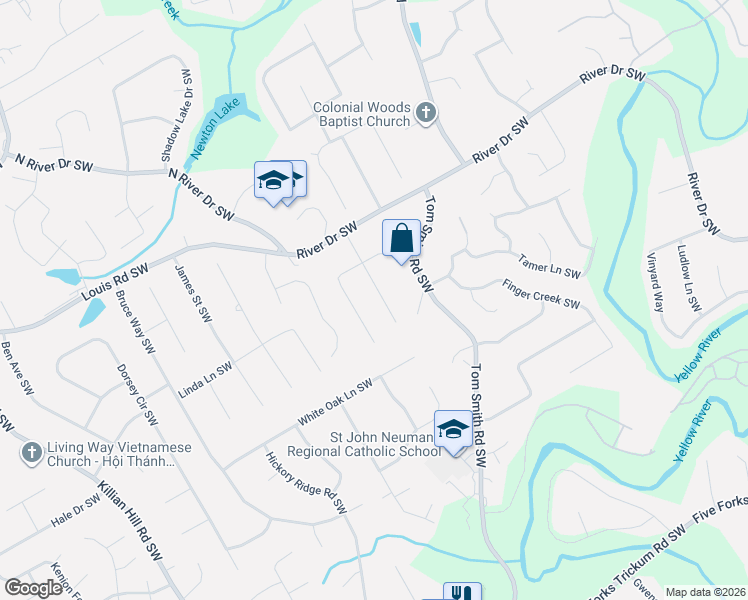 map of restaurants, bars, coffee shops, grocery stores, and more near 536 Daisy Nash Drive Southwest in Lilburn