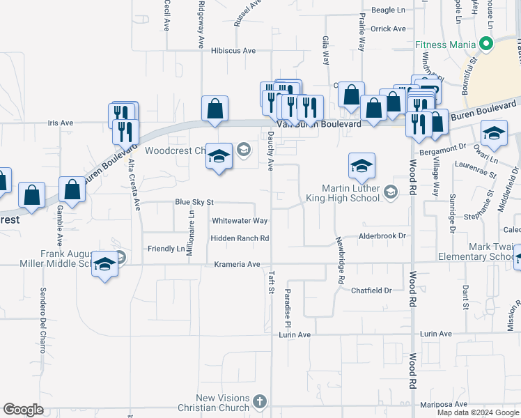 map of restaurants, bars, coffee shops, grocery stores, and more near 9242 Kettle Road in Riverside