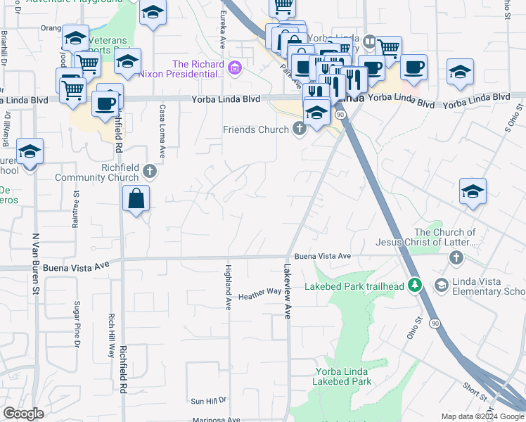 map of restaurants, bars, coffee shops, grocery stores, and more near 18125 Hutchings Drive in Yorba Linda