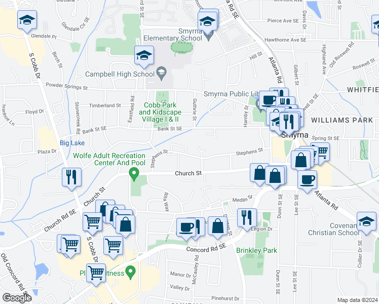 map of restaurants, bars, coffee shops, grocery stores, and more near 1307 Madison Lane South East in Smyrna