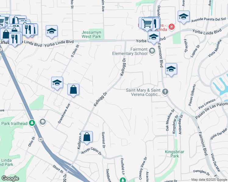 map of restaurants, bars, coffee shops, grocery stores, and more near 19321 Old Ranch Road in Yorba Linda