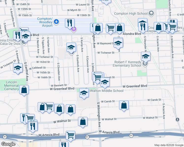 map of restaurants, bars, coffee shops, grocery stores, and more near 1401 South Whitemarsh Avenue in Compton