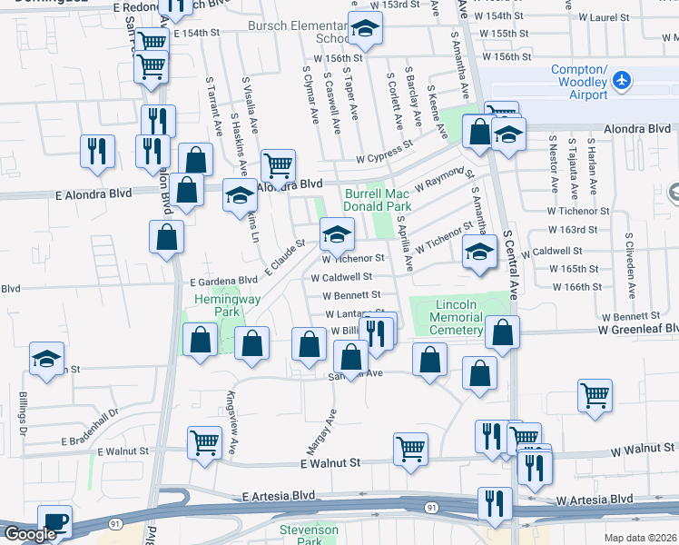map of restaurants, bars, coffee shops, grocery stores, and more near 2715 West Caldwell Street in Compton