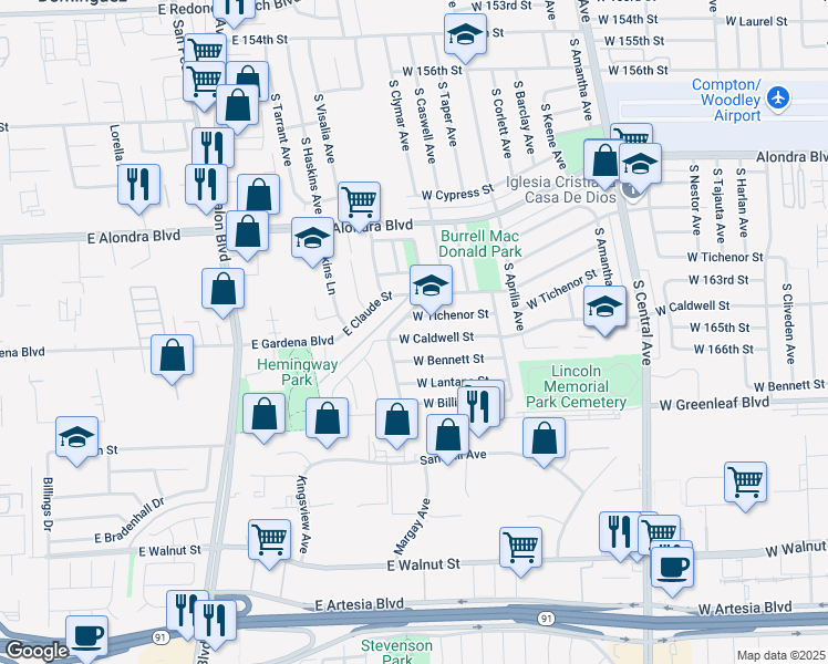 map of restaurants, bars, coffee shops, grocery stores, and more near 1219 South McKinley Avenue in Compton