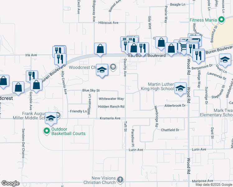 map of restaurants, bars, coffee shops, grocery stores, and more near 18427 Blue Sky Street in Riverside