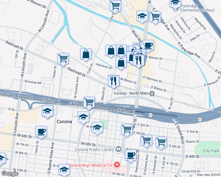 map of restaurants, bars, coffee shops, grocery stores, and more near 136 North Sheridan Street in Corona