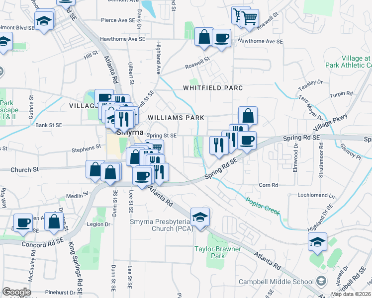 map of restaurants, bars, coffee shops, grocery stores, and more near 2856 Bernard Lane Southeast in Smyrna