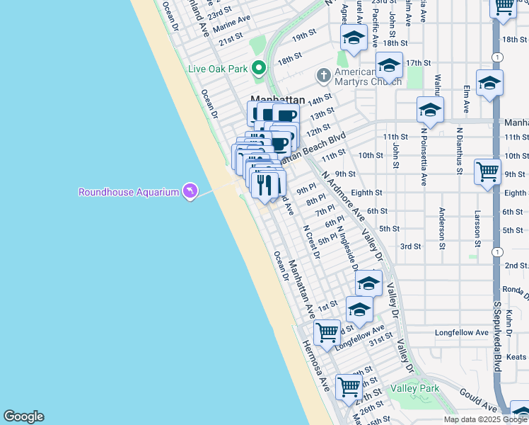 map of restaurants, bars, coffee shops, grocery stores, and more near 125 9th Street in Manhattan Beach