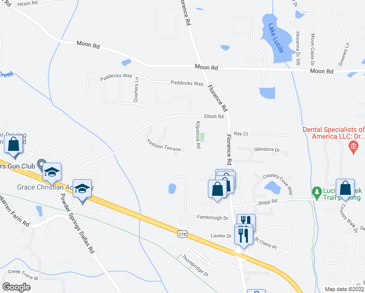 map of restaurants, bars, coffee shops, grocery stores, and more near 5308 Yoshino Terrace in Powder Springs