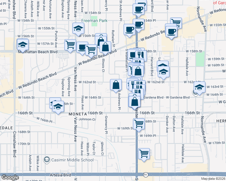 map of restaurants, bars, coffee shops, grocery stores, and more near 16230 Gramercy Place in Gardena
