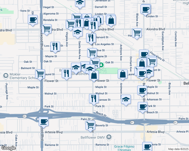 map of restaurants, bars, coffee shops, grocery stores, and more near 53 Clark Avenue in Bellflower