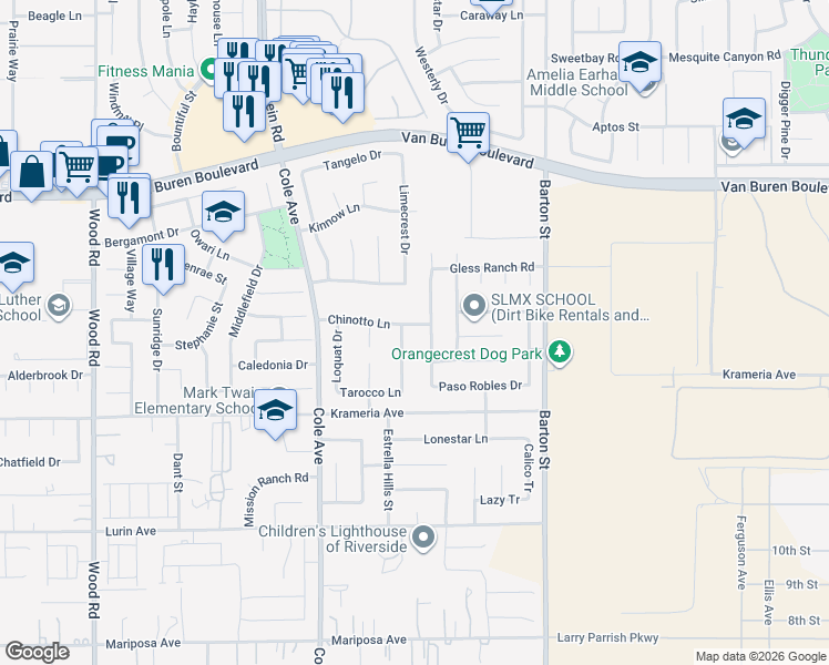 map of restaurants, bars, coffee shops, grocery stores, and more near 19731 Chinotto Lane in Riverside