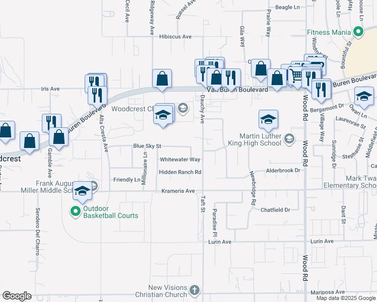 map of restaurants, bars, coffee shops, grocery stores, and more near 18427 Blue Sky Street in Riverside