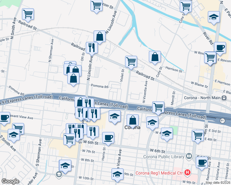 map of restaurants, bars, coffee shops, grocery stores, and more near 932 Pomona Road in Corona