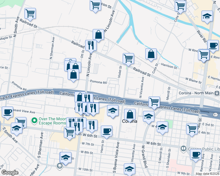 map of restaurants, bars, coffee shops, grocery stores, and more near in Corona