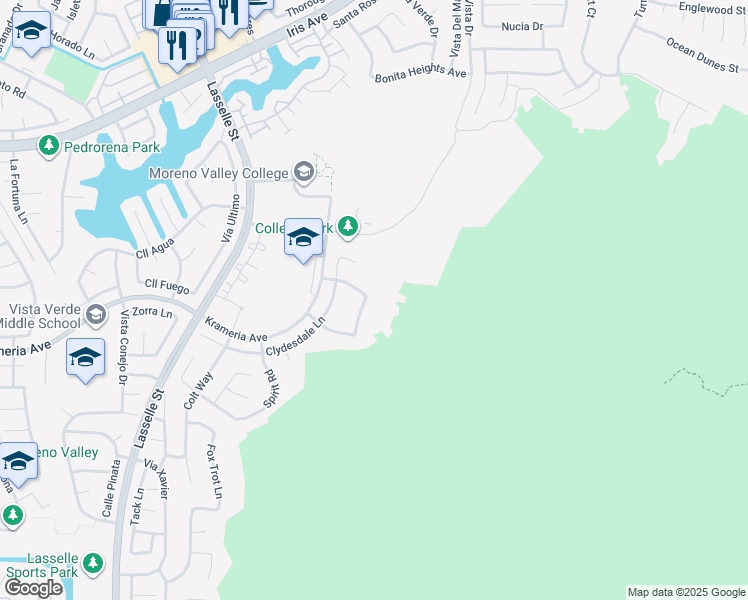 map of restaurants, bars, coffee shops, grocery stores, and more near 26466 Mare Lane in Moreno Valley